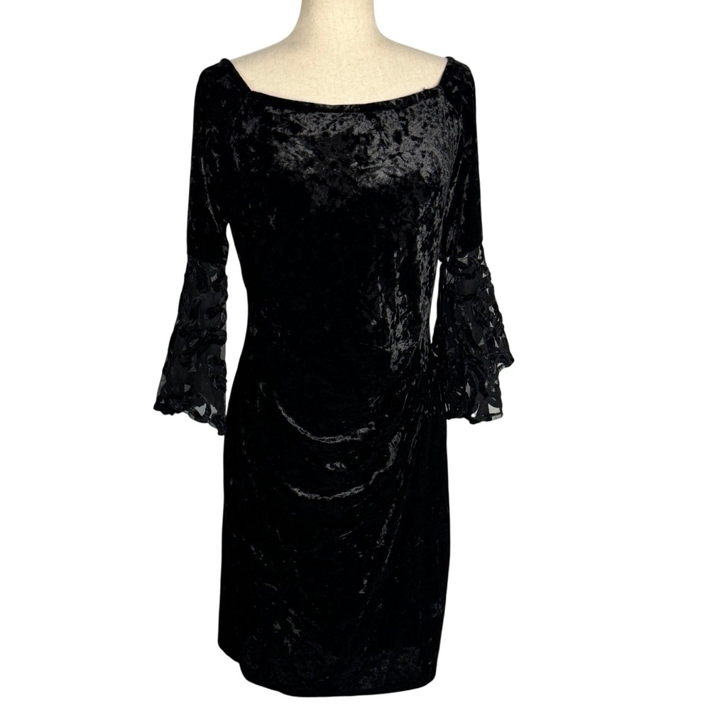 Cachet Black Crushed Velvet Bell Sleeve Cocktail Dress Womens 14 Mesh Scrollwork